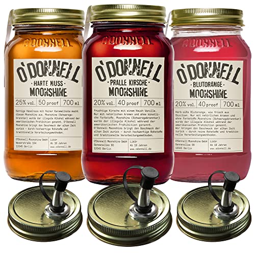 O'Donnell Moonshine Geschenkset | Geschenkbox | Premium Likör nach amerikanischer Tradition | 3 x 700ml | Natürliche Zutaten | Vegan | mit Ausgießer (Harte Nuss/Pralle Kirsche/Blutorange)