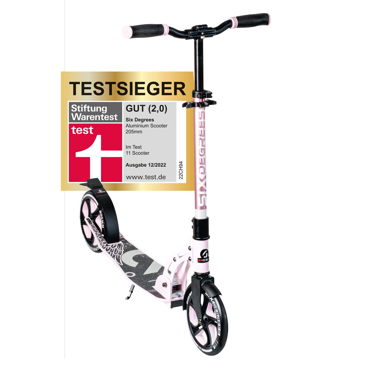 SIX DEGREES Aluminium Scooter mit Klappmechanismus u. Ständer, 205 mm, höhenverstellbar, GS-geprüft, rosa, TESTSIEGER