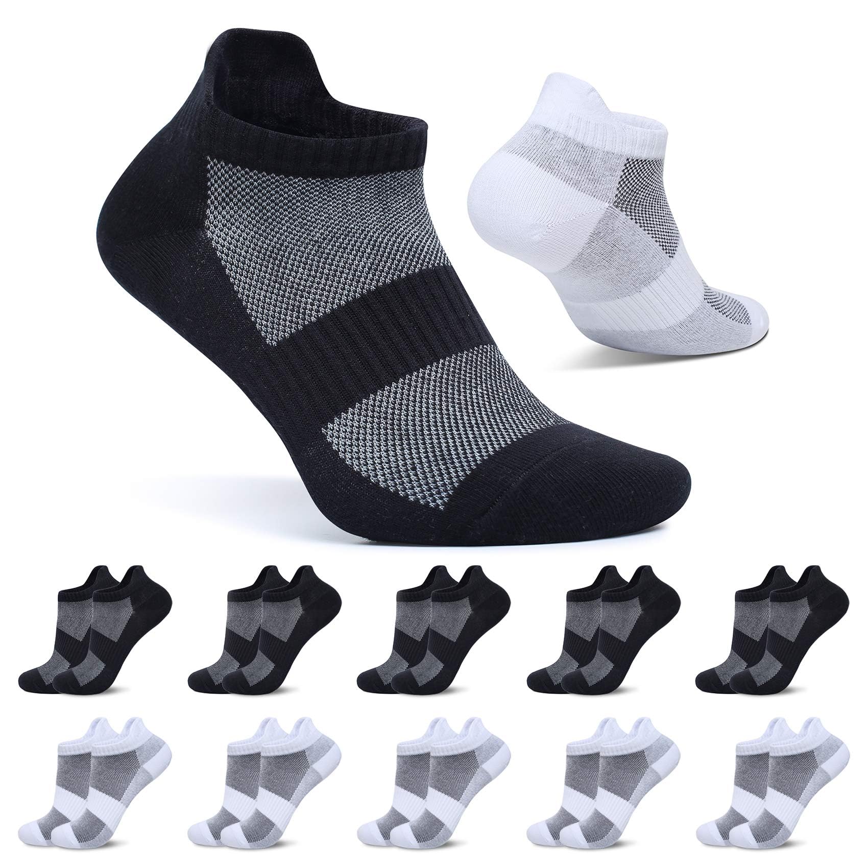 FALARY Sneaker Socken Herren 43-46 Schwarz Weiß Kurze Socken Damen 10 Paar Sportsocken Baumwolle Atmungsaktive Laufsocken Unisex