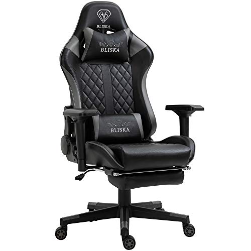 TRISENS Gaming Stuhl mit Fußstütze und ergonomsichen 4D-Armlehnen - Gaming Chair in Sportsitz Optik - Gamer Stuhl mit verstellbaren Rückenstützkissen für gesündere Sitzhaltung, Farbe:Schwarz/Grau