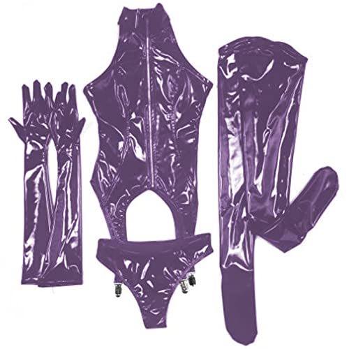 Ganze Latex-Outfits Gummi-Körperanzüge, Handschuhe, Strumpfhose, dickes Korsett & Slip & lange Fingerhandschuhe, Strumpfhose, Dunkelviolett, L