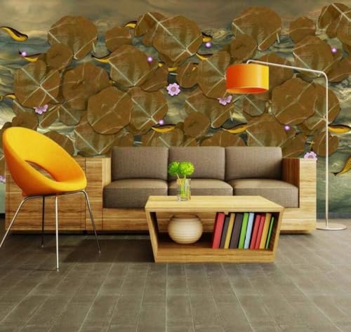 Abstraktes Lotusblatt Lila Blume Fisch 3D Tapete Poster Restaurant Schlafzimmer Wohnzimmer Sofa TV Dekorative Wand-430cm×300cm