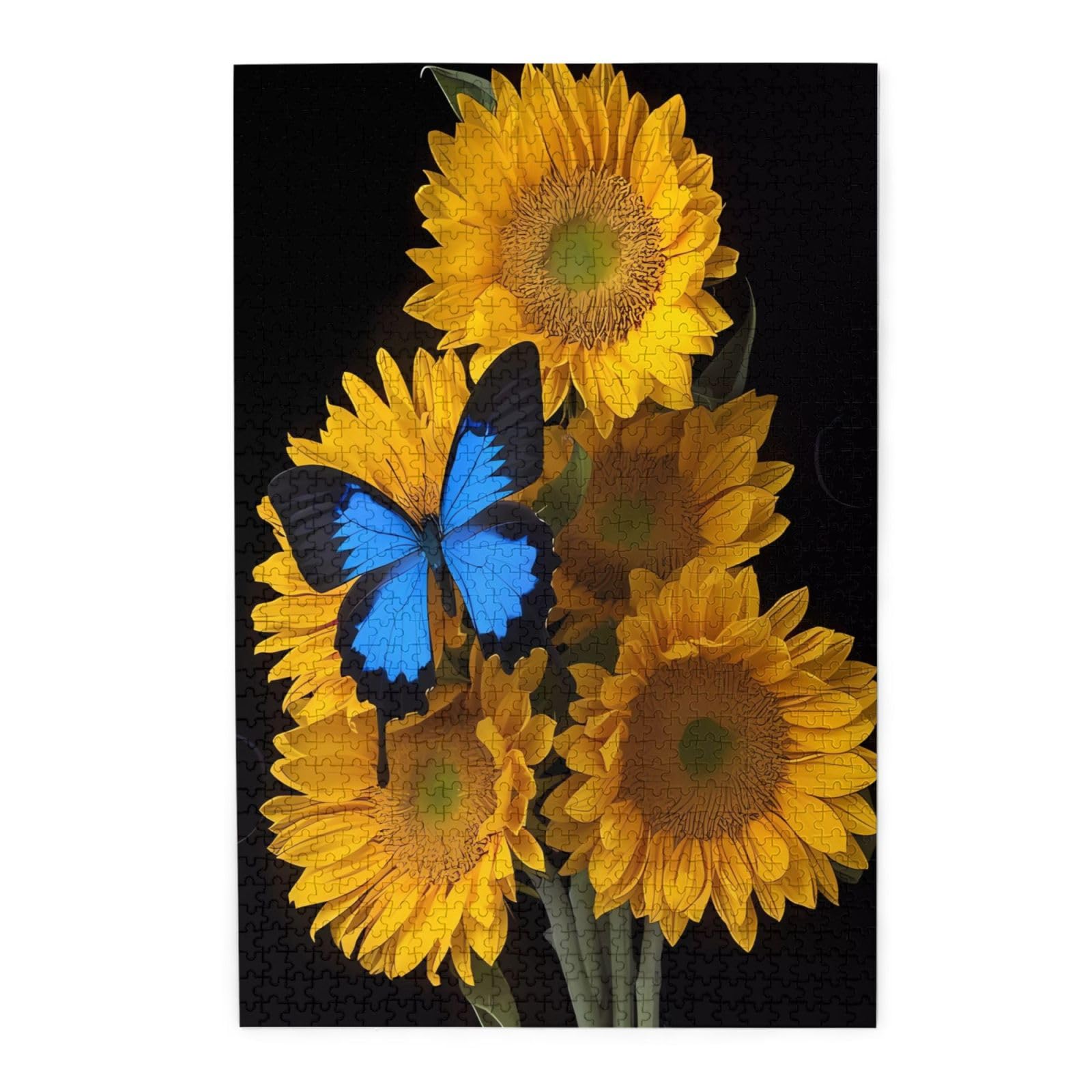 Gelbe Sonnenblumen mit blauen Schmetterlingen, Holzpuzzle, Haustier-Puzzle, Familientreffen, Stressabbau-Puzzle