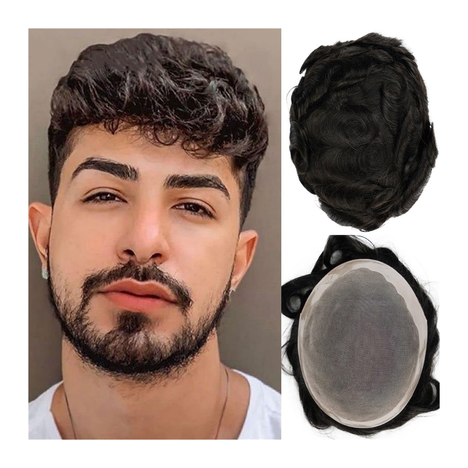 Perücke Männer Afro Kinky Curly Herren-Toupet, 4 mm, natürliches schwarzes Echthaar, Ersatz for Herrenperücke, Haarteil, super langlebig, natürlicher Haaransatz Toupet für Herren(Schwarz,7x9)