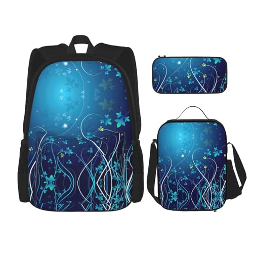 WURTON Schulterrucksack, 3-in-1, Büchertaschen-Set, Lunchbox, Federmäppchen, Reise-Laptop, Tagesrucksack, Blau