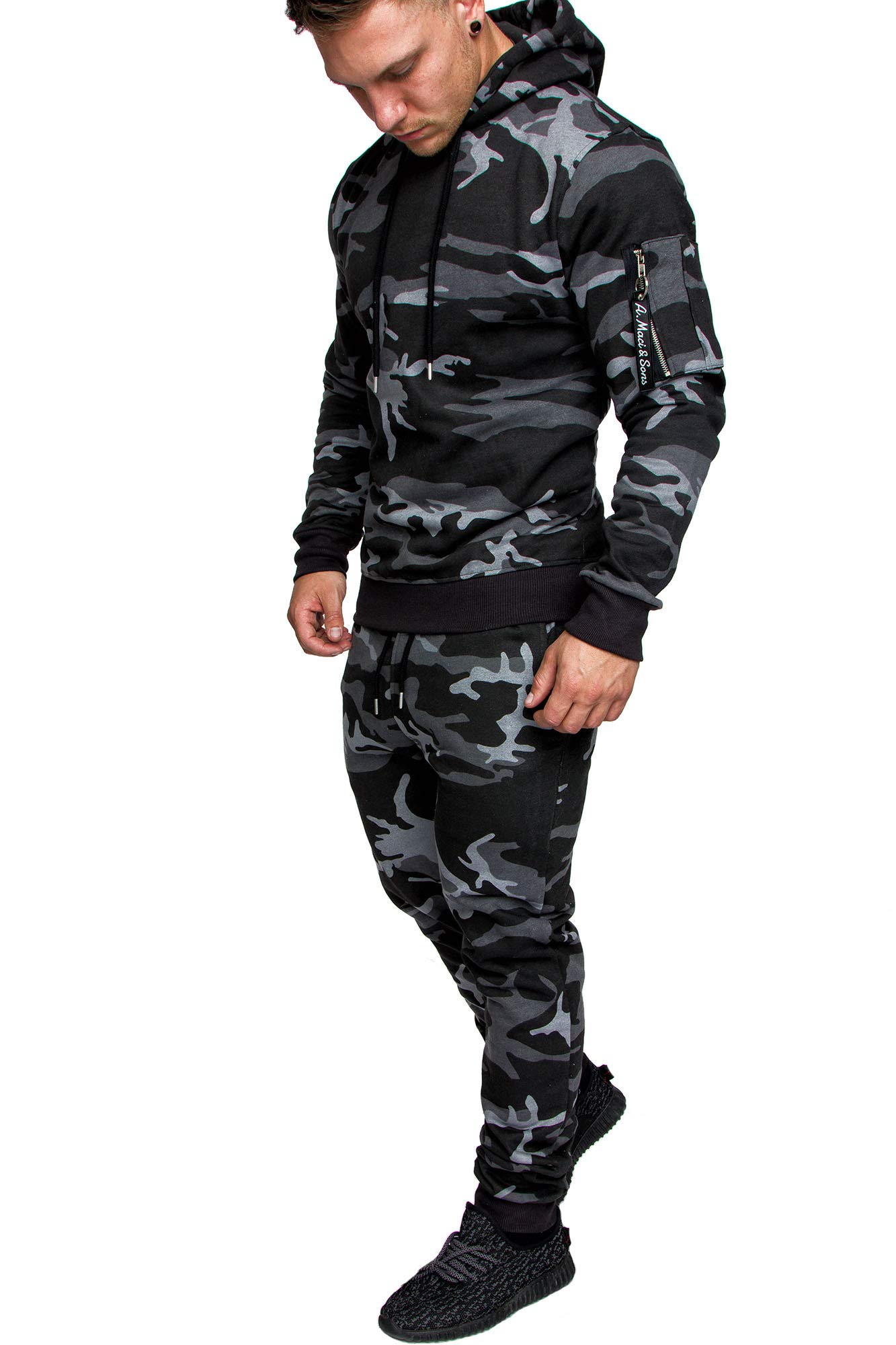 Amaci&Sons Herren Cargo Stil Sportanzug Jogginganzug Trainingsanzug Sporthose+Hoodie 1003 Camouflage Schwarz 3XL