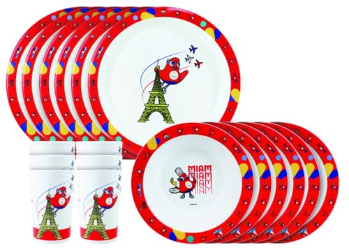 Fun House Paris 2024 Olympische Spiele JO Sportliche Mahlzeiten-Set, 6 Teller Ø 22 cm, 6 Schalen Ø 16 cm und 6 Gläser 220 ml – wiederverwendbares Geschirr