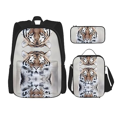 Robuster und modischer Taschen-Rucksack, Umhängetasche, Lunch-Tasche, Stifttaschenset – leichtes Oxford-Gewebe, Tigerbild, Schwarz , Einheitsgröße