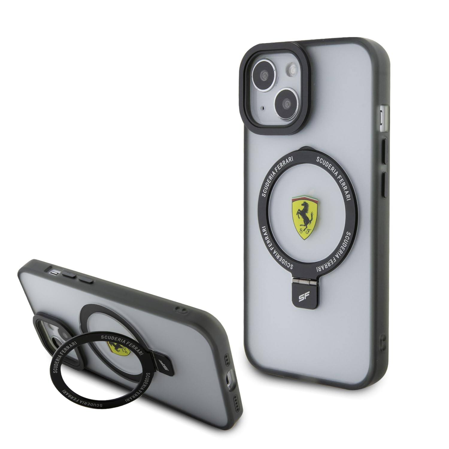 Ferrari Handyhülle kompatibel mit Magsafe iPhone 15 Zoll (38,1 cm), klare schwarze Umrisse mit Metallringständer, kratzfestes PC/TPU, langlebige Hartschale mit zugänglichen Anschlüssen, Stoßdämpfung