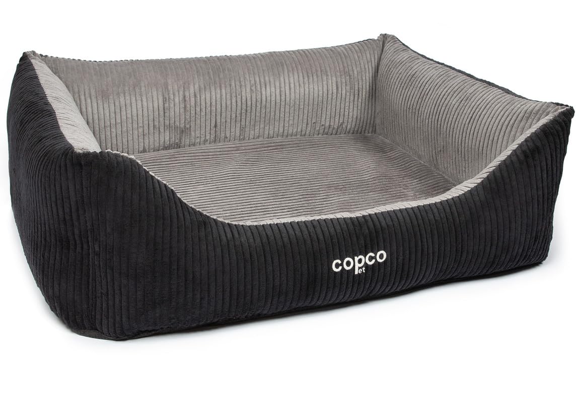 CopcoPet – Hundebett Kyra in Cord Stoff XXL 125x100cm Schwarz/Grau – Hundekissen Schaumstoff mit abnehmbarem & waschbarem Bezug – Bequemer Hundekorb mit erhöhten Rändern & Rutschfester Unterseite