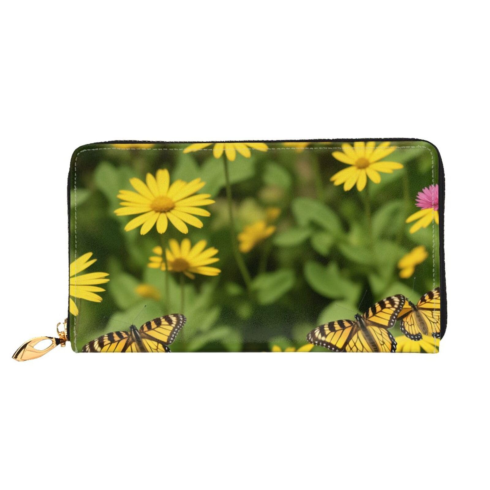 Miniks Colorful Leaf Damen-Geldbörse, Leder, lang, Reisegeldbörse, Kreditkartenetui mit Reißverschluss, Schmetterling mit gelber Blume, Einheitsgröße