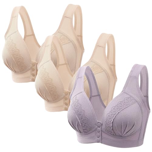 CSHE 3er Pack Große Brüste BH mit Vollem Halt Minimizer BH mit Gepolstert BH Bustier Ohne Bügel Damen Klassische BH Frauen Push Up Bralette BH mit Vorderverschluss 80-115BCD Lila Beige 95D