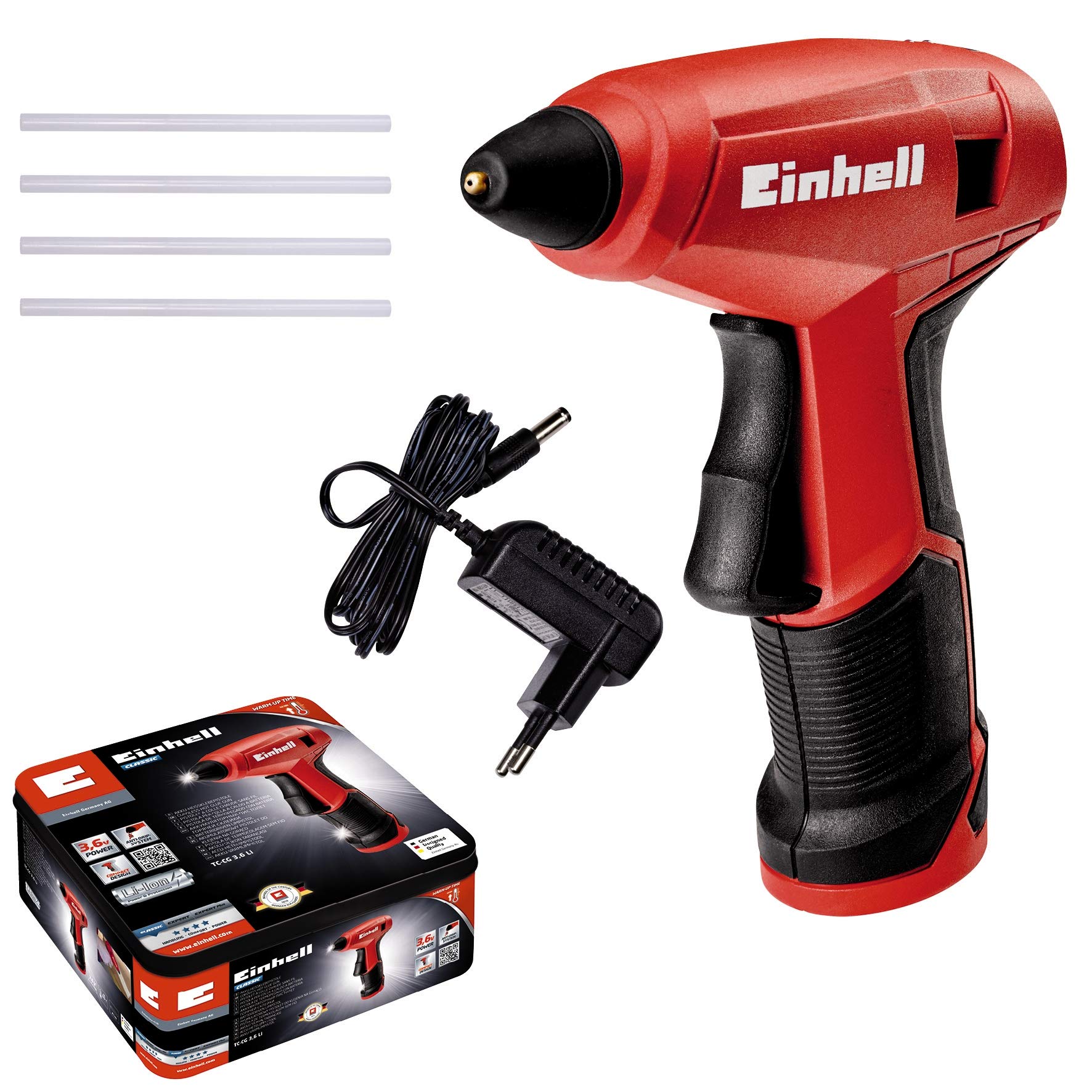 Einhell Akku-Heißklebepistole TC-CG 3,6 Li (Lithium-Ionen, Anti-Tropf-System, 15 Sek. Aufheizzeit, inkl. Metallbox, Ladegerät und 4 Heißklebestiften)