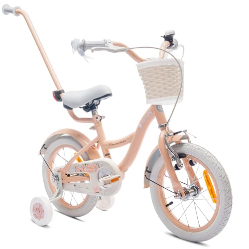 sun baby Mädchenfahrrad 14 Zoll Radgröße Flower Bike zur Auswahl, mit Abnehmbarer Schubstange, Kinderfahrrad für Mädchen von 2 bis 6 Jahre (Aprikose, 14 Zoll)