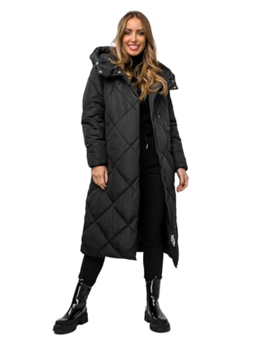 BOLF Damen Winterjacke Parka Gefüttert mit Kunstfell Kapuze Wintermantel Lange Steppjacke Daunenjacke Puffermantel Sportjacke Warm Gefüttert Freizeit Outdoor Casual Style 5M3173 Schwarz M [D4D]