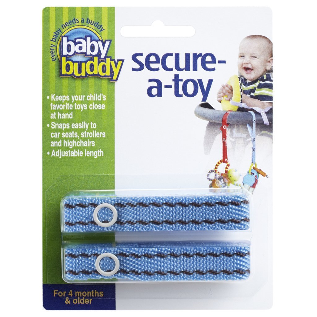 Baby Buddy Secure-A-Toy, Safety Strap Secures Toys, Teether, Pacifiers to Strollers, Highchairs, Car Seats, Adjustable Length Keep Toys Sanitary Clean, Registry Must Haves, Blue-Brown Stitch, 2 Count