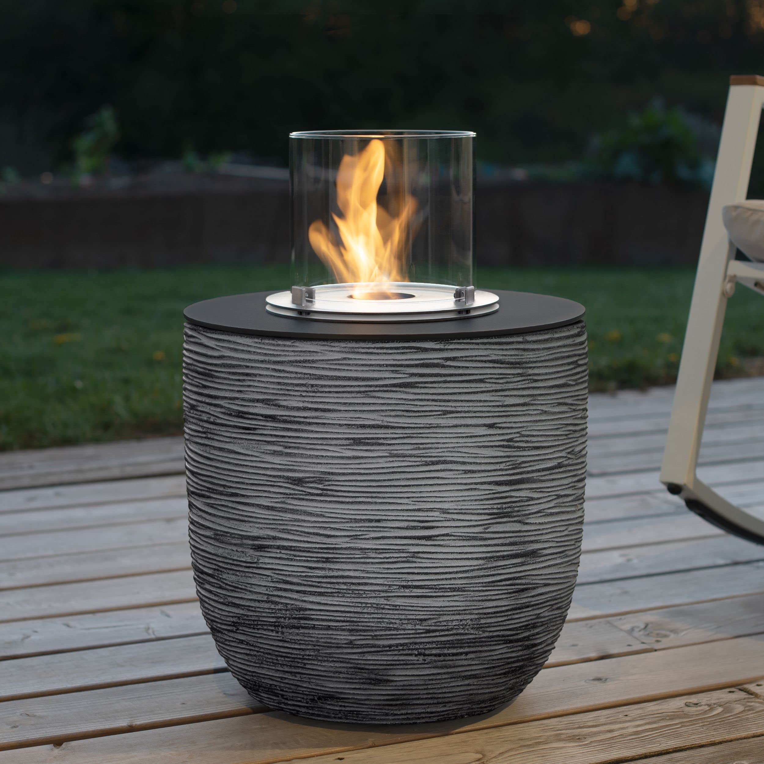 muenkel design Vigo – Riffelung schwarz-grau – Bio-Ethanol Feuerstelle Gartenfackel Terrassenfeuer mit Round Burner 250 Brennkammer