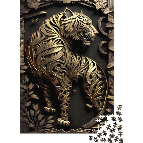 Tiger Lord Goldenes Art-Deco-Holzpuzzle für Erwachsene, Puzzlespielzeug, Erwachsenenpuzzle 1000 Teile, Lernspiele, Heimdekorationspuzzle, 75x50cm