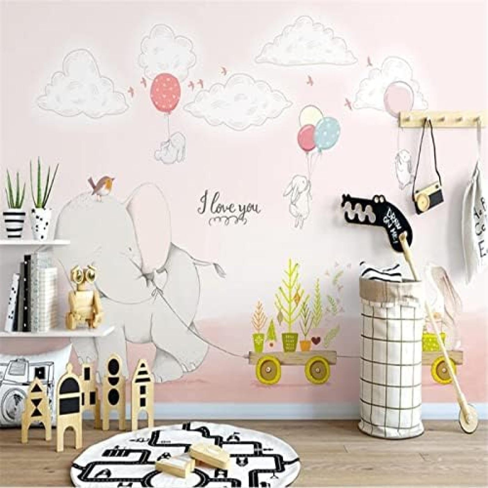 XLMING Handgemalter Cartoon-Elefant Weißes Kaninchen Kinderzimmer 3D Tapete Wohnzimmer Sofa Schlafzimmer Esszimmer Home Dekoration Wand-150cm×105cm