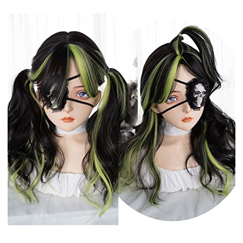 Perücke für Frauen Schwarze Highlights grüne Cosplay-Perücke, langwellige lockige Perücke mit Vorhang-Pony for Frauen Mädchen natürliche synthetische Wellenparty-Halloween-Perücke Human Hair Wig