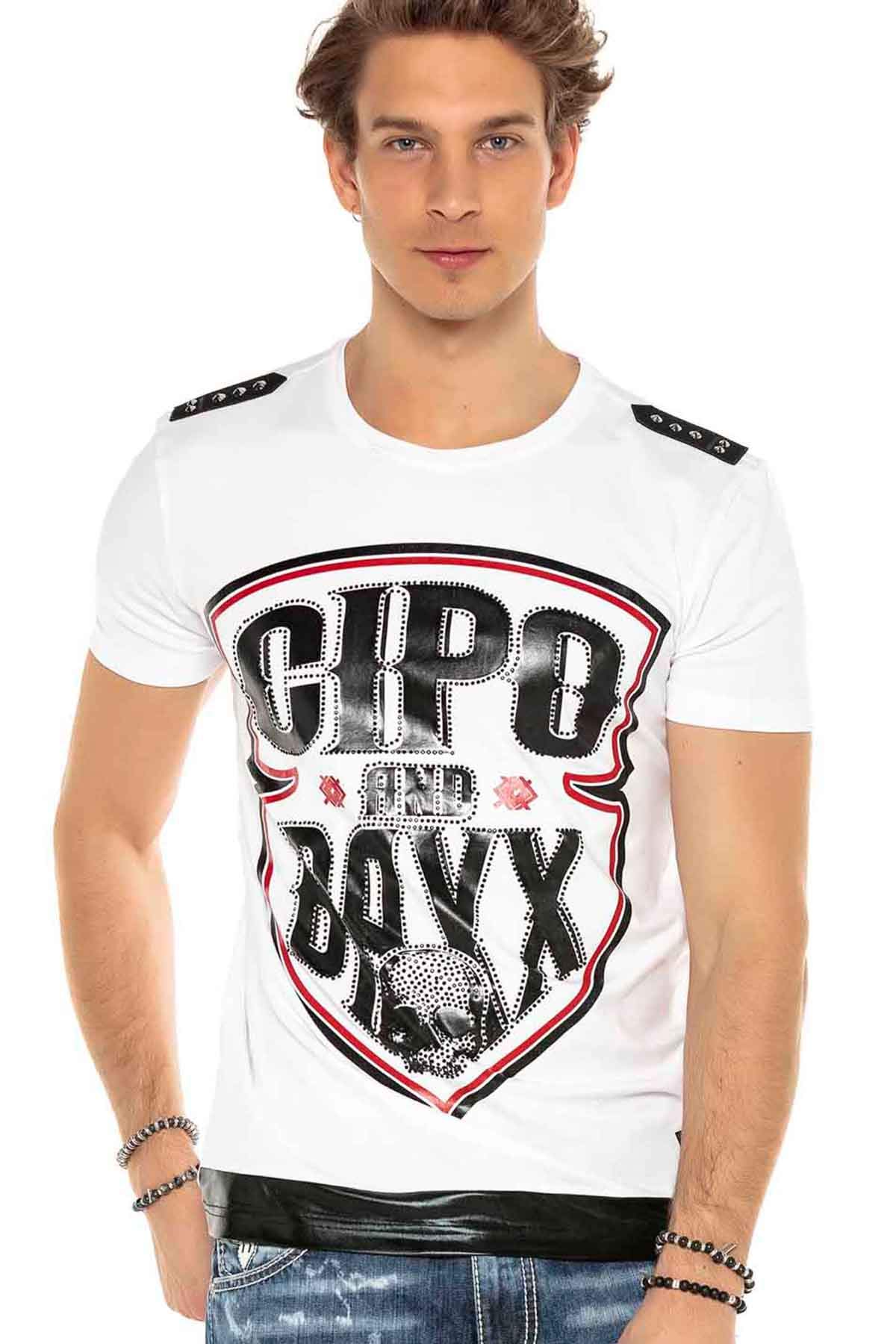 Cipo & Baxx Herren T-Shirt Ausgefallen Logomotiv Rundhals Kurzarm Freizeit Shirt CT539 Weiß L