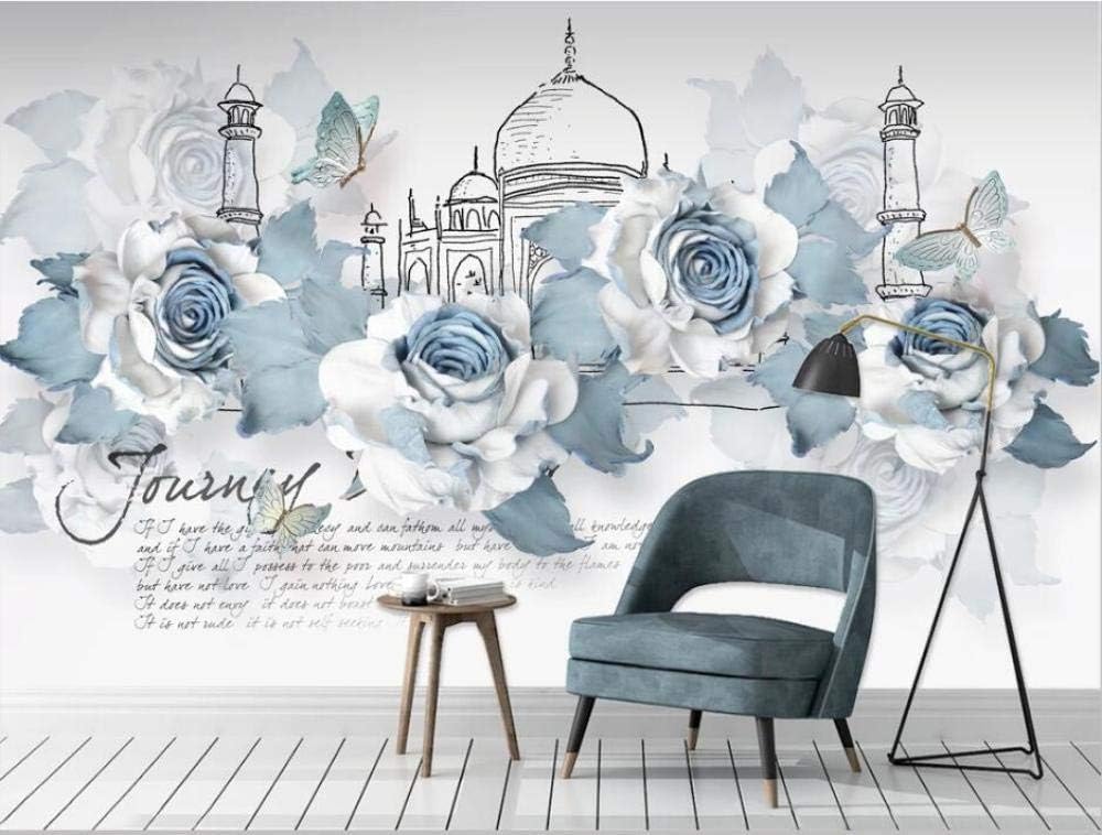 Blaue Blumen Schmetterlinge Schloss 3D Tapete Poster Restaurant Schlafzimmer Wohnzimmer Sofa TV Dekorative Wand-300cm×210cm