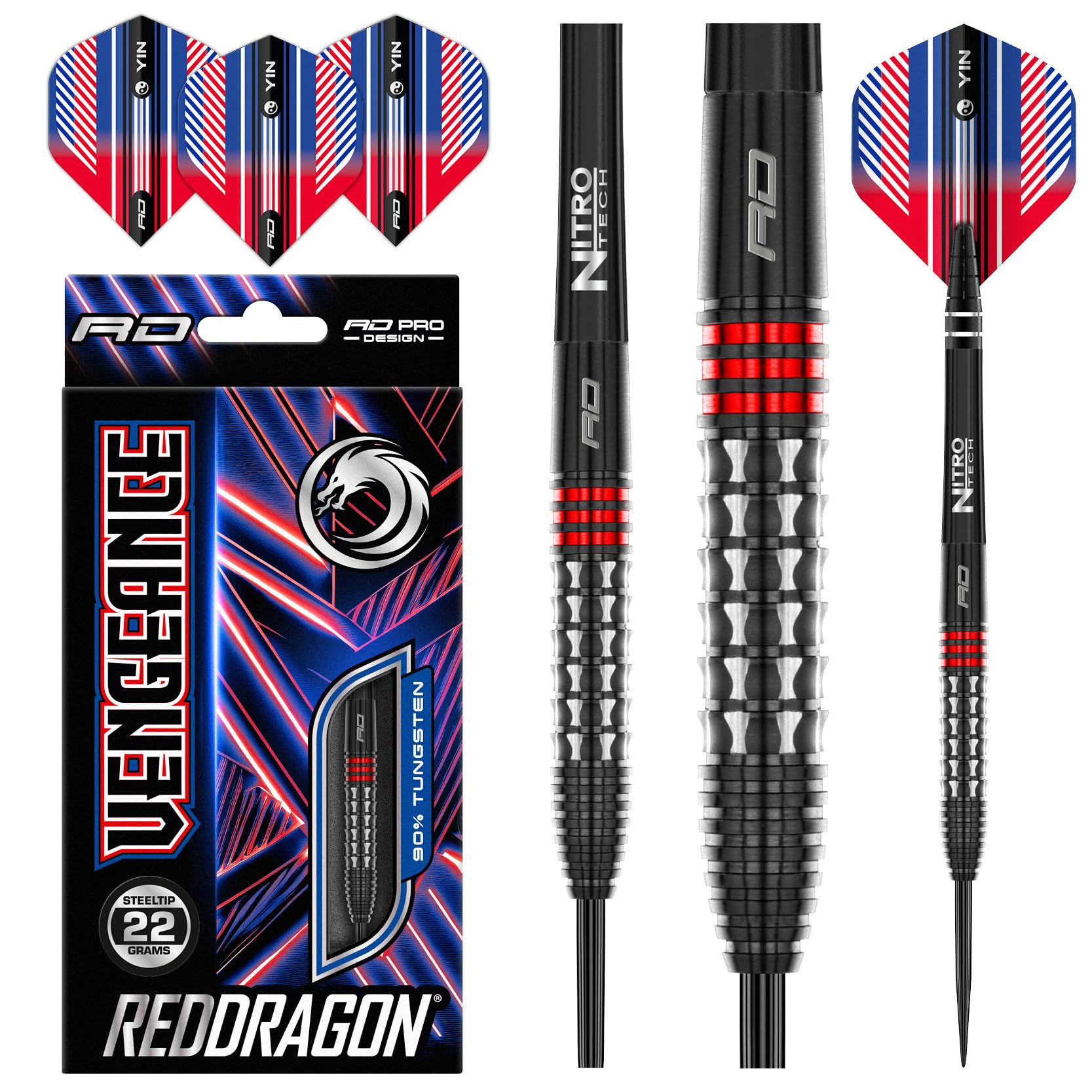 RED DRAGON Vengeance Red 22 Gramm Premium Wolfram Steeltip Dart Set mit Flights und Schäften