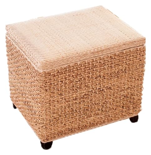 RAABYU Fußstützenhocker, Massivholz-Aufbewahrungshocker, Retro-Rattan-Fußhocker, Pouf, Hocker, Aufbewahrung für Schlafzimmer, Wohnzimmer, gepolsterter Sitz