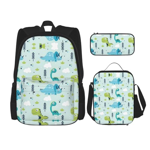 WURTON 3-in-1 Büchertaschen-Set, Dinosaurier-Muster, verstellbarer Schulter-Rucksack, Lunch-Tasche, Federmäppchen, Beutel, Schwarz, Einheitsgröße