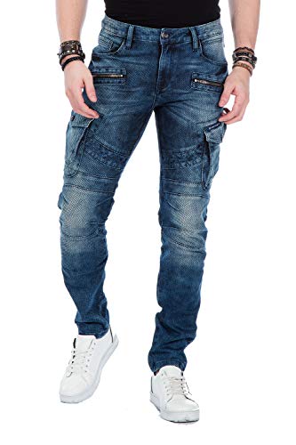 Cipo & Baxx Herren Jeanshose Biker Cargohose Jeanshose Skinny Fit Strech Denim Hose W31 L32 Blau