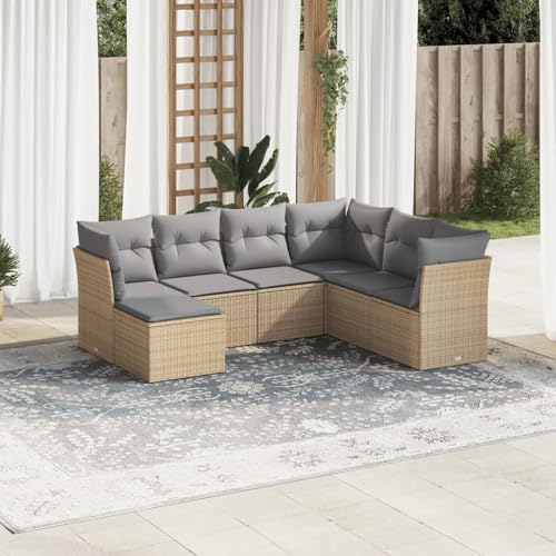 Juroupi 7-tlg. Garten-Sofagarnitur mit Kissen Gartengarnitur Set Lounge MöBel Outdoor LoungemöBel Balkon Beige Poly Rattan - 3217989