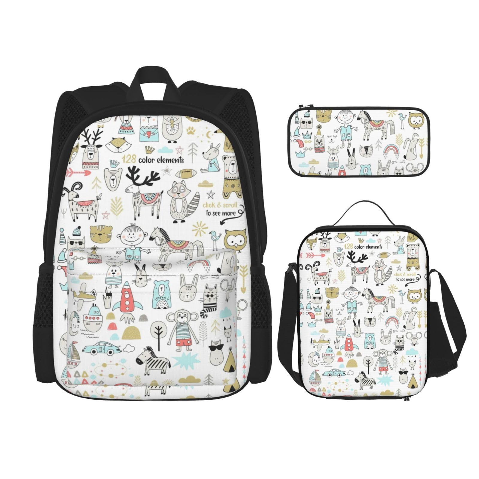 WURTON 3-in-1 Büchertaschen-Set, verstellbarer Schulter-Rucksack, Lunch-Tasche, Federmäppchen, Tasche mit Tiermotiven, Kaninchen, Fuchs, Dee, Schwarz, Einheitsgröße