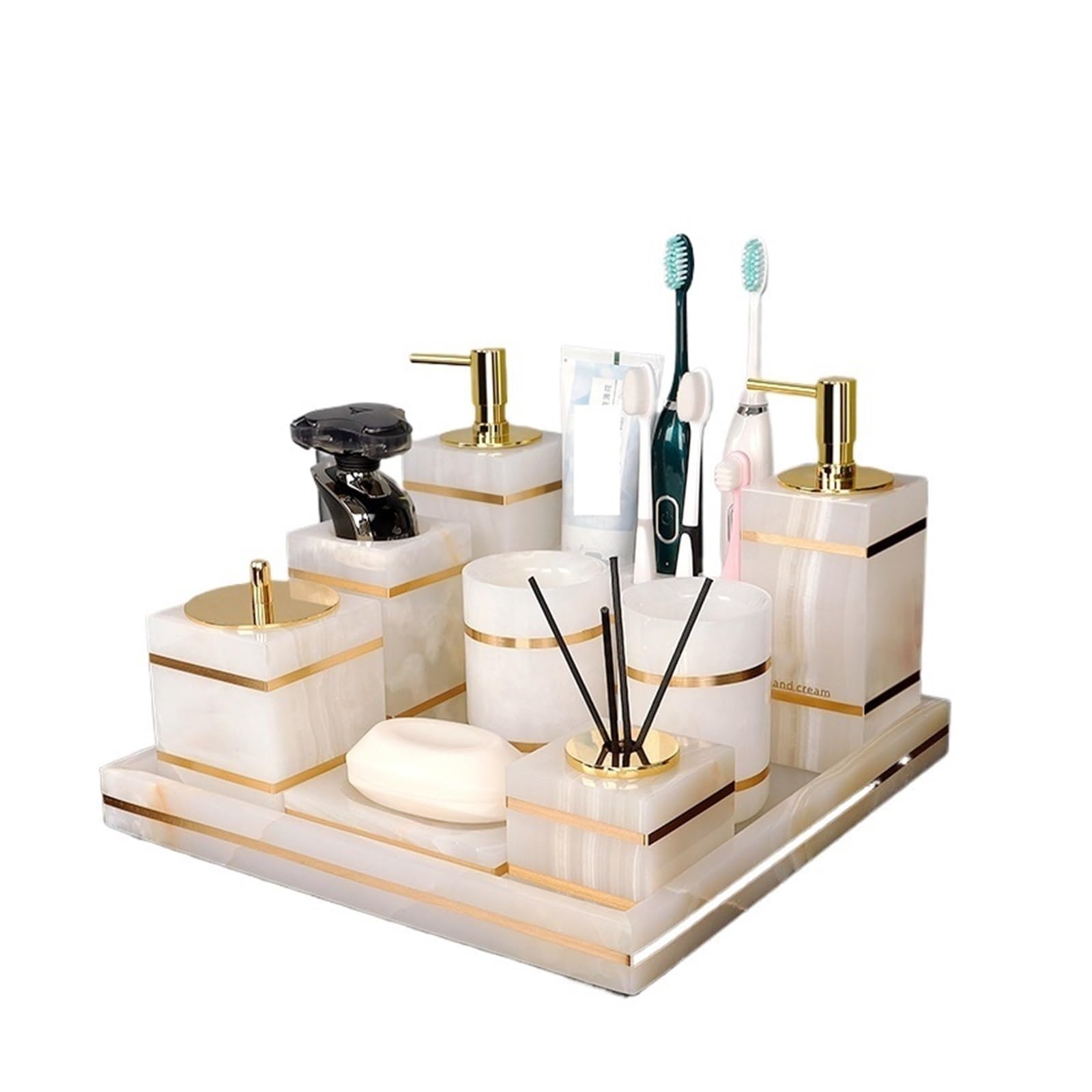 Badezimmer Set Badezimmer-Accessoires aus weißem Naturmarmor, luxuriöser Goldener Seifenspender, Zahnbürstenhalter, Seifenschale und Tablett-Set for das Badezimmer Badezimmer Set Akazie(Tray C)