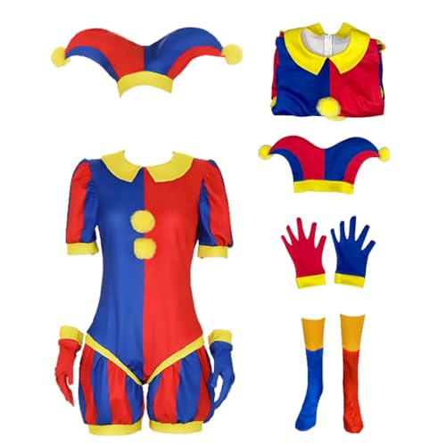 AYYOHON Pomni Kostüm Pomni Cosplay Pomni Digitaler Zirkus Jumpsuit Halloween Party Outfits Clown Bodysuit Set für Erwachsene 3XL