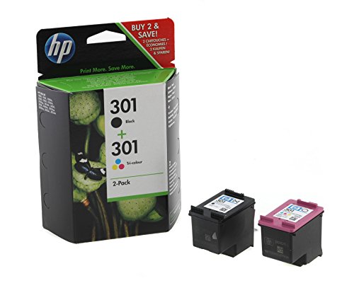 HP 301 2-pack Black/Tri-colour Original Ink Cartridges Combo pack Page Yield B 190/Tri 165 (P/N N9J72AE)