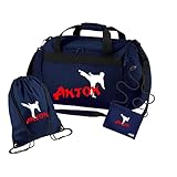 Sporttasche Karate mit Namen für Jungen | Personalisierte Kinder-Reisetasche Kampfsport Judo | Groß für Sport-Verein (dunkelblau 3-tlg. komplett)