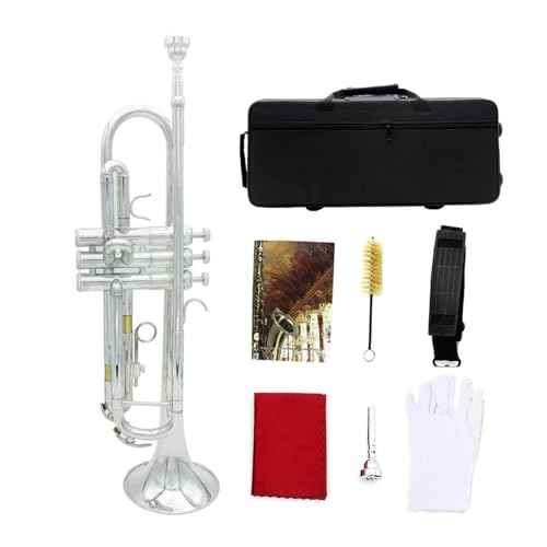 Standard Trompete Professionelle Trompete Bb B Blechblasinstrument mit flachem Boden 2-Farben-Trompete mit Koffer und Mundstück Instrumentenzubehör(Color:Silver)