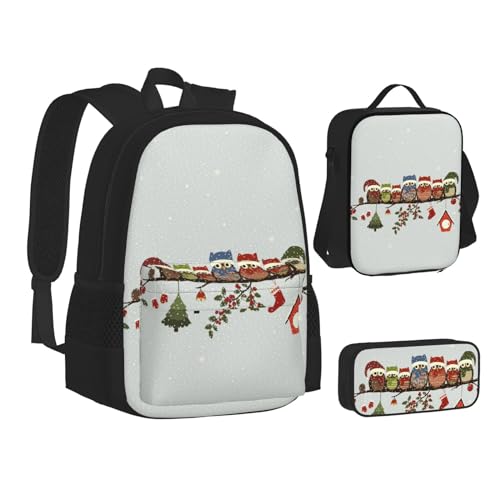 WURTON Niedliche Weihnachts-Eulen auf Ast bedrucktes Teen-Rucksack, 3-in-1 (Federmäppchen + Schultasche + Lunchtasche)