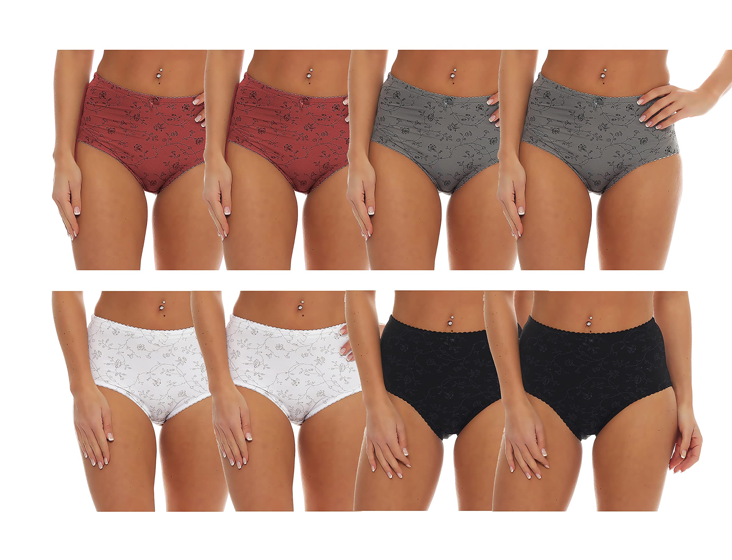 Cocain underwear 8 Stück modische Microfaser Taillen-Slips Uni schwarz grau Weiss rot mit Streublümchen und Kleiner Schleife - Leichter Shape-Effekt - Grösse 48-50