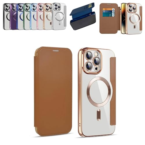 GodbTG Ultra-Thin Flip Magnetic Adsorption Shockproof Case for iPhone with Card Holder, Transmitg Luxury Leather Flip Magnetic for iPhone Case with Card Holder (Brown,13 pro)