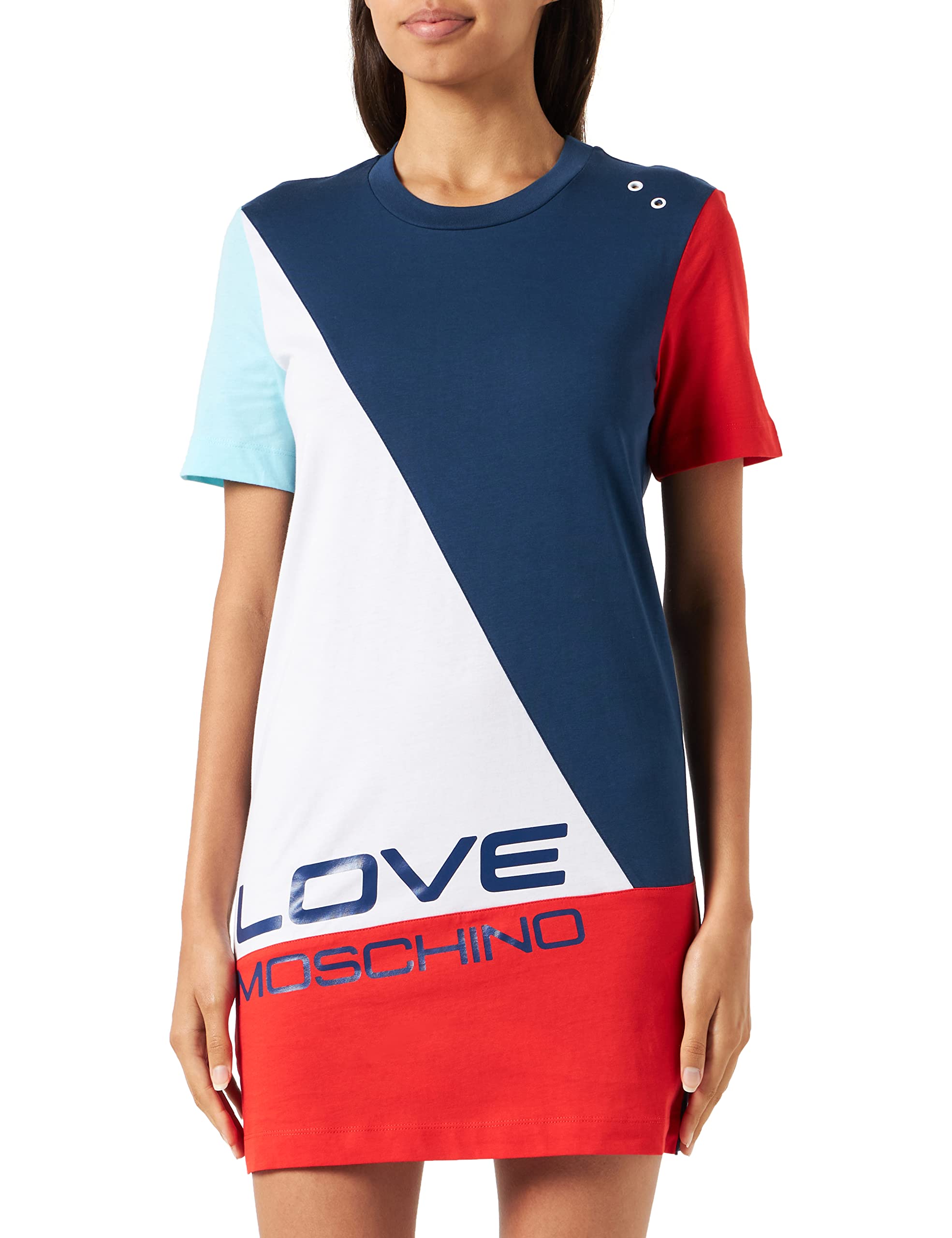 Love Moschino Women's Short-Sleeved T-Shape Comfort fit Dress, White BLU Turquoise RED, 38