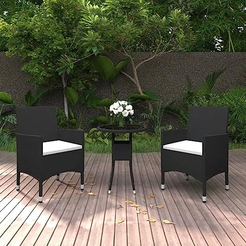 Lauuoeriau Home Items, 3-teiliges Garten-Bistro-Set, Polyrattan und gehärtetes Glas, schwarz, Anzugmöbel