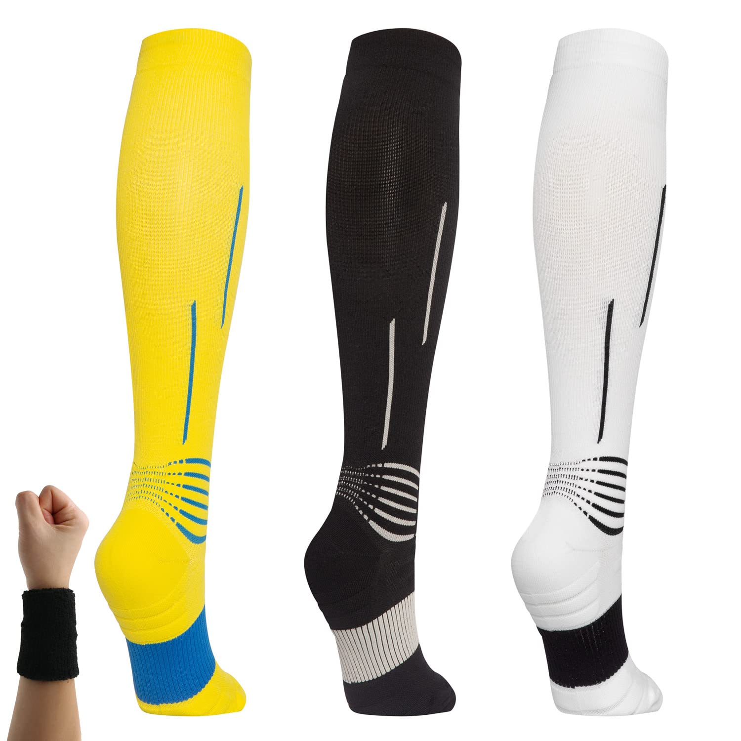 Dee Plus Kompressionsstrümpfe 2 Paar Kompressionssocken Golf Sport Compression Socks Stützstrümpfe Sneaker Socken Laufsocken für Damen und Herren, Kniestrümpfe mit Gestreift-Muster für Erholung, Flüge