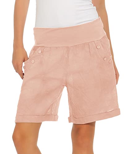 Mississhop 280 Damen Leinenshorts Bermuda lockere Kurze Hose Freizeithose 100% Leinen Shorts mit DREI Knöpfen Sommer Strand Lachsfarbe M