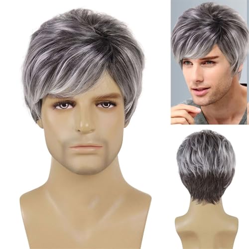 Toupet für Männer Haarersatz Systeme Natürliche hitzebeständige Cosplay-Party-Perücke, synthetische Herrenperücke, Schwarz-Mix aus grauem Haar, kurze lockige Perücke for männliche Vater-Geschenk-Perüc