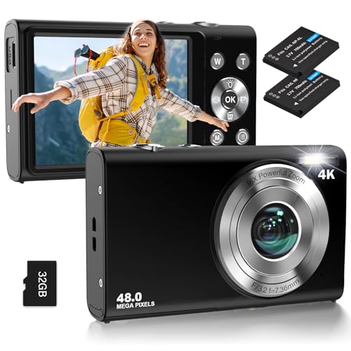 Digitalkamera, 4K Autofokus Fotoapparat Fotokamera mit 32G SD Karte HD 48MP mit 2.8" großem Bildschirm, 16X Digitalzoom, Kompaktkamera Tragbare Mini Kamera für Erwachsene, Anfänger (schwarz)