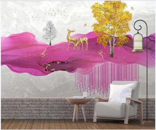 Rosa Berge Elch Goldene Bäume 3D Tapete Poster Restaurant Schlafzimmer Wohnzimmer Sofa TV Dekorative Wand-400cm×280cm