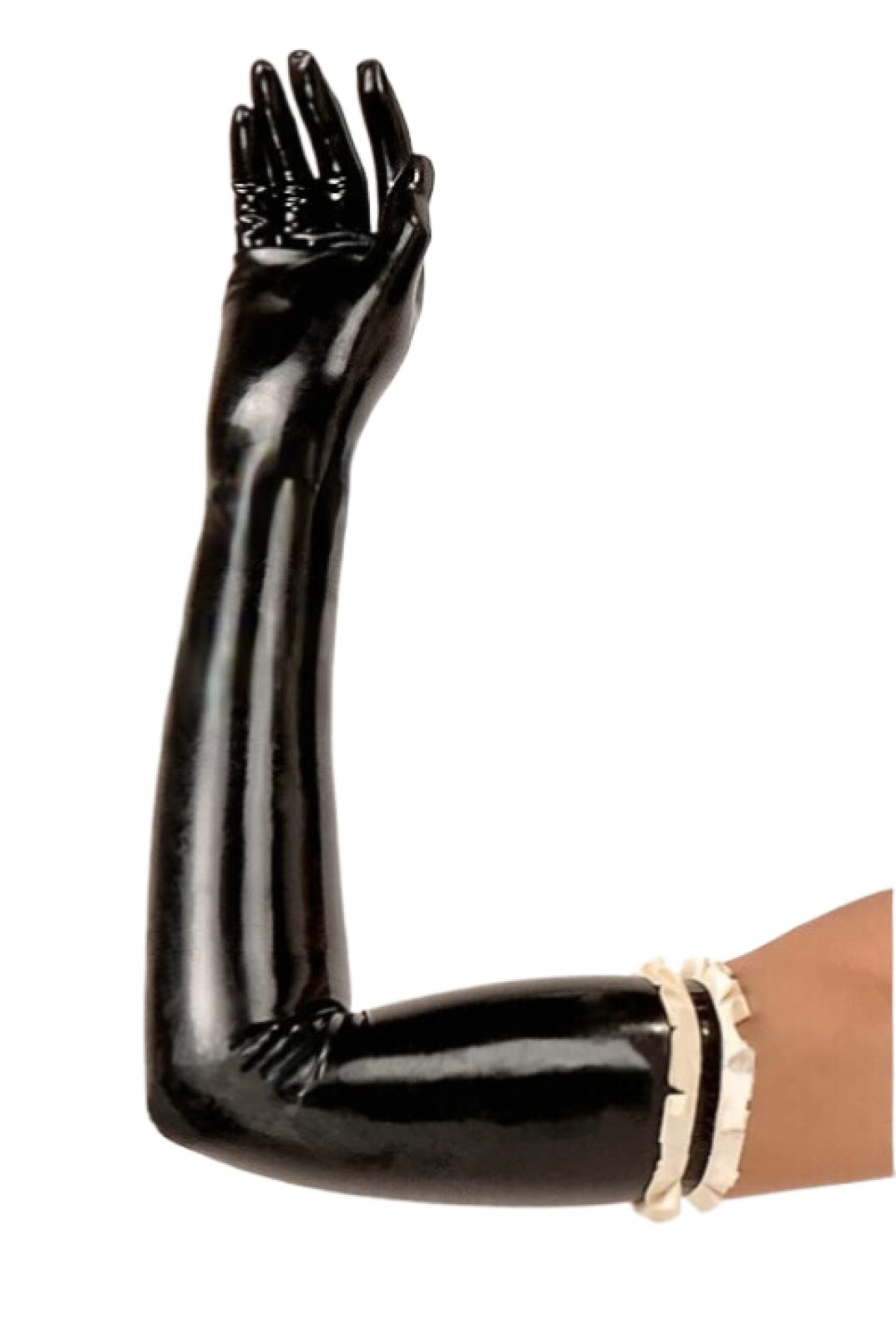 Lange Handschuhe aus Latex, volle Abdeckung, Rüschenfarbe, Rüschenfarbe nach Maß, rot mit weißer Rüsche, M