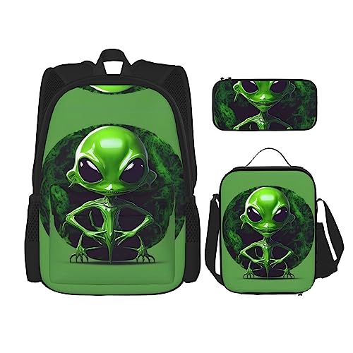 YQxwJL 3-in-1-Rucksack-Büchertaschen-Set, grüner Alien-Druck, lässiger Reiserucksack, mit Federmäppchen, Lunchtasche, Green Alien, Einheitsgröße