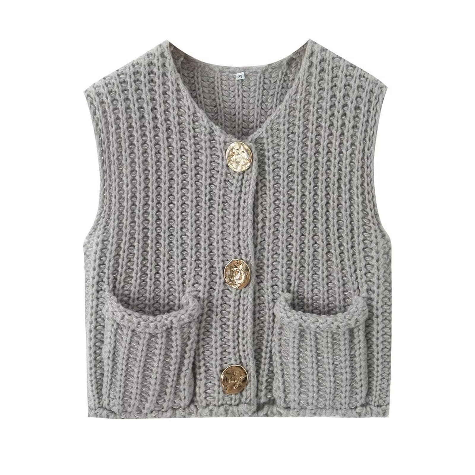 Sweater Vests Women 2024, Women's Button Front V Neck Sleeveless Crochet Solid Checkered Knit Sweater Vest with Pockets (Light Grey,Medium)